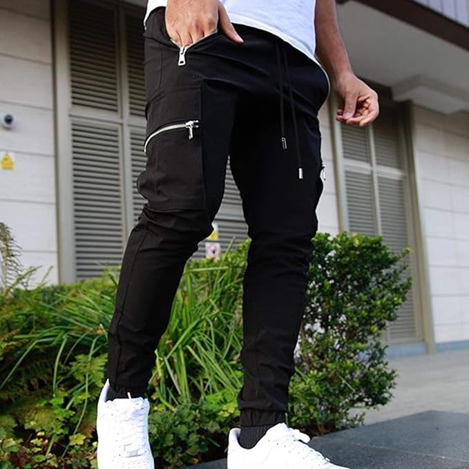 Mens Zipper Multi-Pocket Pants Running Training Cargo Pant
